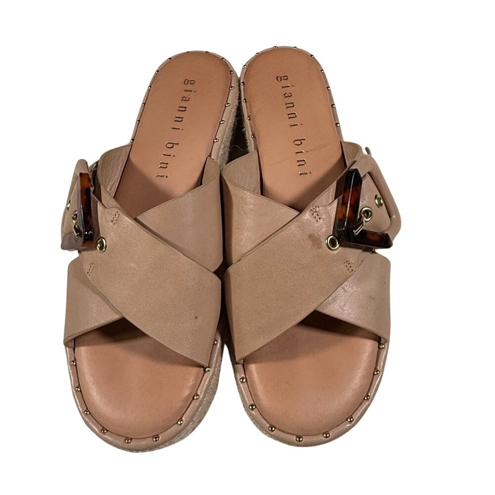 Gianni Bini Women's Leather Slide Sandals | Size 7M | Tan Espadrille Platform